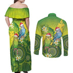 Budgerigar Australia Christmas Couples Matching Off Shoulder Maxi Dress and Long Sleeve Button Shirt Budgies Golden Wattle Aboriginal Green - Aussie Hoodie