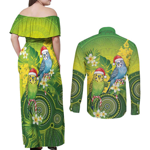 Budgerigar Australia Christmas Couples Matching Off Shoulder Maxi Dress and Long Sleeve Button Shirt Budgies Golden Wattle Aboriginal Green - Aussie Hoodie