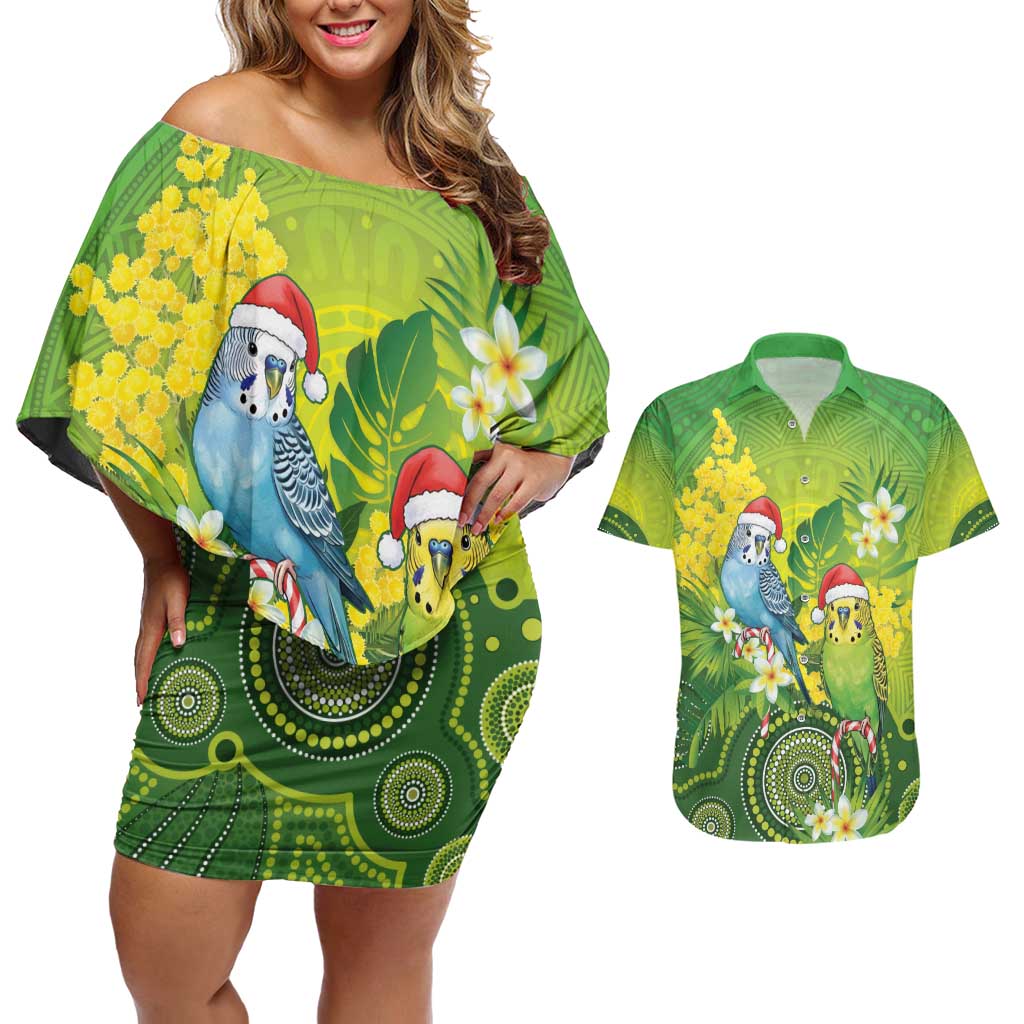 Budgerigar Australia Christmas Couples Matching Off Shoulder Short Dress and Hawaiian Shirt Budgies Golden Wattle Aboriginal Green - Aussie Hoodie