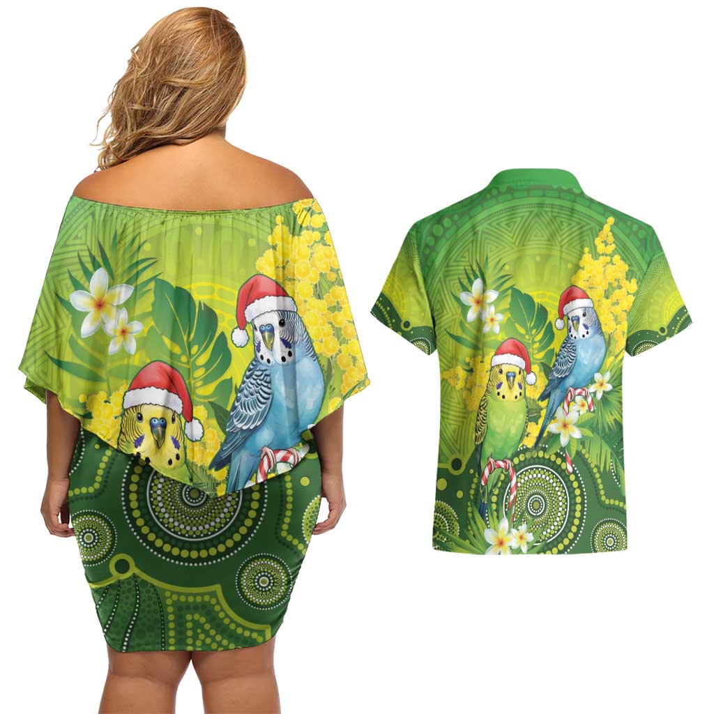 Budgerigar Australia Christmas Couples Matching Off Shoulder Short Dress and Hawaiian Shirt Budgies Golden Wattle Aboriginal Green - Aussie Hoodie