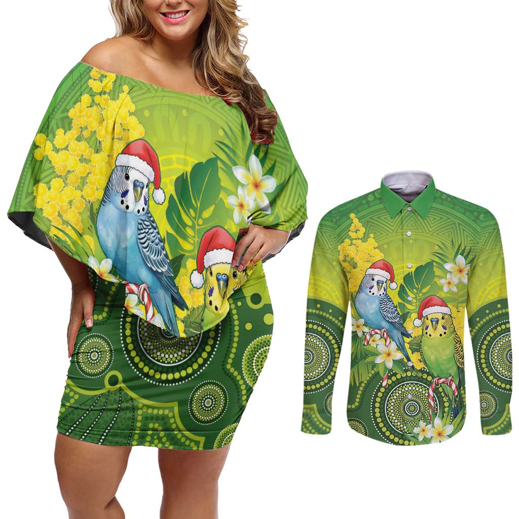 Budgerigar Australia Christmas Couples Matching Off Shoulder Short Dress and Long Sleeve Button Shirt Budgies Golden Wattle Aboriginal Green - Aussie Hoodie
