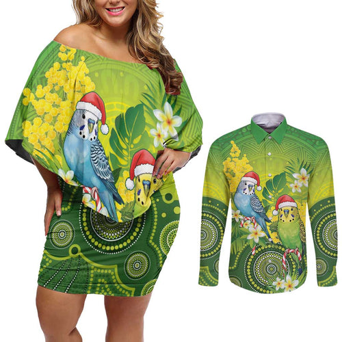 Budgerigar Australia Christmas Couples Matching Off Shoulder Short Dress and Long Sleeve Button Shirt Budgies Golden Wattle Aboriginal Green - Aussie Hoodie