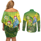 Budgerigar Australia Christmas Couples Matching Off Shoulder Short Dress and Long Sleeve Button Shirt Budgies Golden Wattle Aboriginal Green - Aussie Hoodie