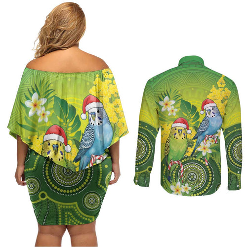 Budgerigar Australia Christmas Couples Matching Off Shoulder Short Dress and Long Sleeve Button Shirt Budgies Golden Wattle Aboriginal Green - Aussie Hoodie
