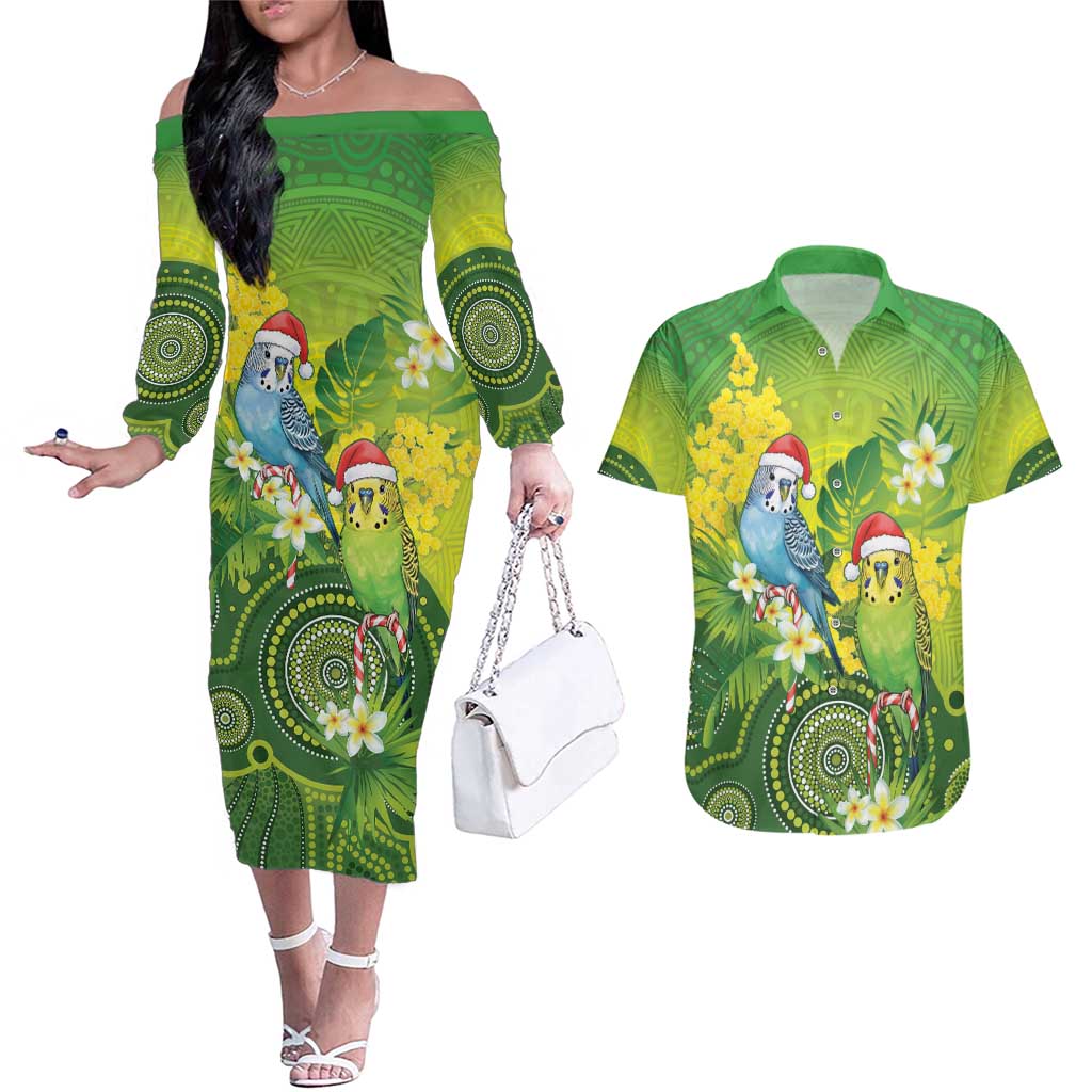 Budgerigar Australia Christmas Couples Matching Off The Shoulder Long Sleeve Dress and Hawaiian Shirt Budgies Golden Wattle Aboriginal Green - Aussie Hoodie