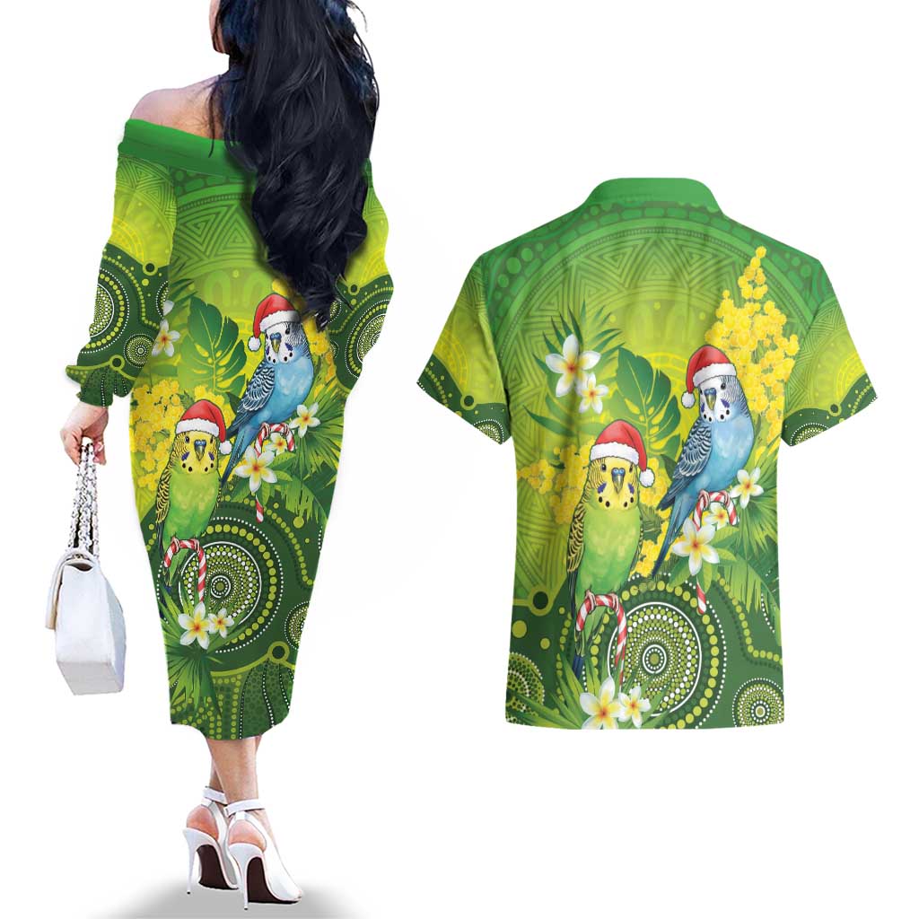 Budgerigar Australia Christmas Couples Matching Off The Shoulder Long Sleeve Dress and Hawaiian Shirt Budgies Golden Wattle Aboriginal Green - Aussie Hoodie