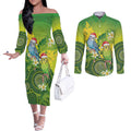 Budgerigar Australia Christmas Couples Matching Off The Shoulder Long Sleeve Dress and Long Sleeve Button Shirt Budgies Golden Wattle Aboriginal Green - Aussie Hoodie