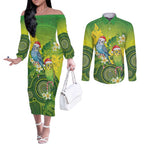 Budgerigar Australia Christmas Couples Matching Off The Shoulder Long Sleeve Dress and Long Sleeve Button Shirt Budgies Golden Wattle Aboriginal Green - Aussie Hoodie