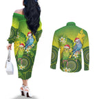 Budgerigar Australia Christmas Couples Matching Off The Shoulder Long Sleeve Dress and Long Sleeve Button Shirt Budgies Golden Wattle Aboriginal Green - Aussie Hoodie