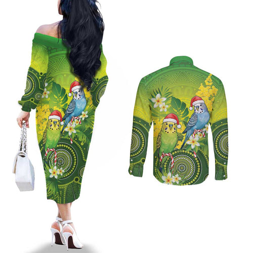 Budgerigar Australia Christmas Couples Matching Off The Shoulder Long Sleeve Dress and Long Sleeve Button Shirt Budgies Golden Wattle Aboriginal Green - Aussie Hoodie