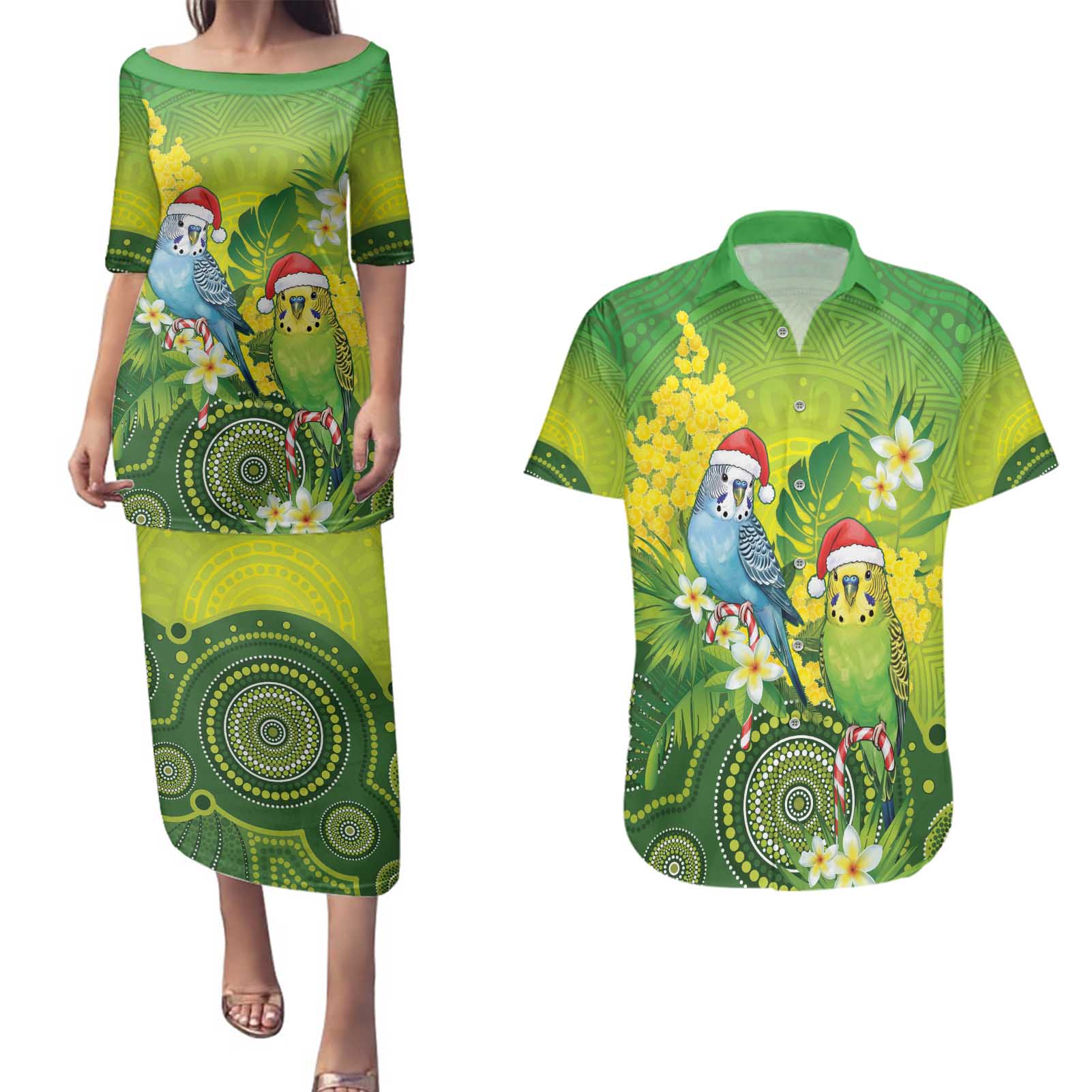 Budgerigar Australia Christmas Couples Matching Puletasi and Hawaiian Shirt Budgies Golden Wattle Aboriginal Green - Aussie Hoodie