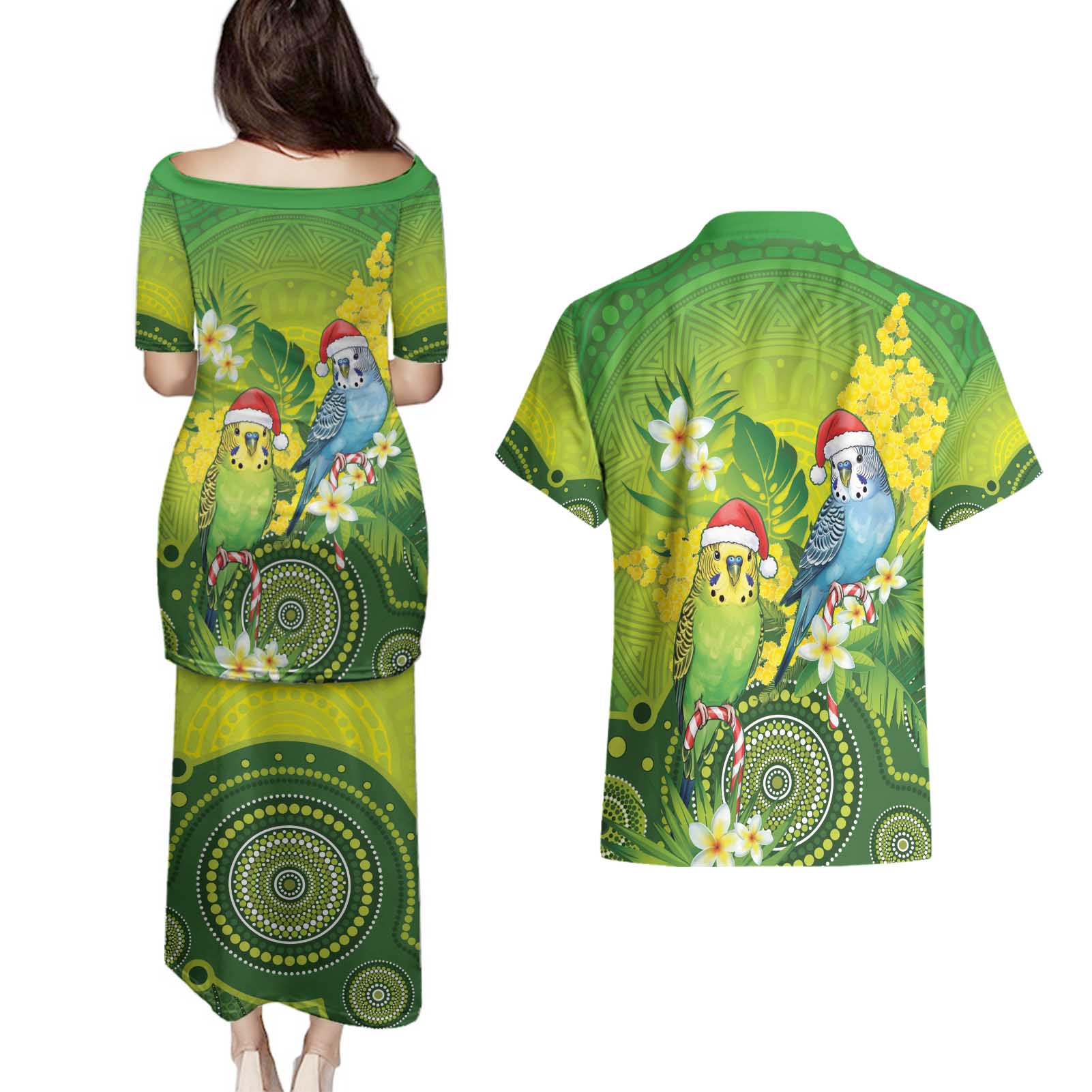 Budgerigar Australia Christmas Couples Matching Puletasi and Hawaiian Shirt Budgies Golden Wattle Aboriginal Green - Aussie Hoodie