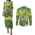 Budgerigar Australia Christmas Couples Matching Puletasi and Long Sleeve Button Shirt Budgies Golden Wattle Aboriginal Green - Aussie Hoodie