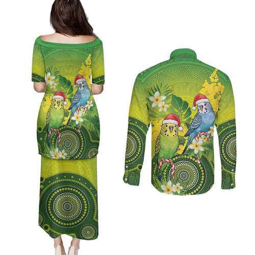 Budgerigar Australia Christmas Couples Matching Puletasi and Long Sleeve Button Shirt Budgies Golden Wattle Aboriginal Green - Aussie Hoodie