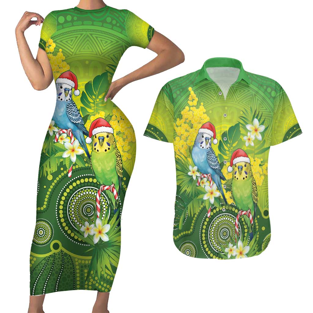 Budgerigar Australia Christmas Couples Matching Short Sleeve Bodycon Dress and Hawaiian Shirt Budgies Golden Wattle Aboriginal Green - Aussie Hoodie