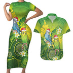 Budgerigar Australia Christmas Couples Matching Short Sleeve Bodycon Dress and Hawaiian Shirt Budgies Golden Wattle Aboriginal Green - Aussie Hoodie