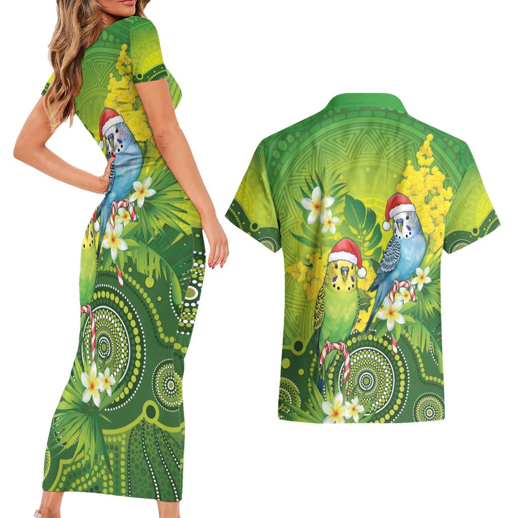 Budgerigar Australia Christmas Couples Matching Short Sleeve Bodycon Dress and Hawaiian Shirt Budgies Golden Wattle Aboriginal Green - Aussie Hoodie