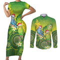 Budgerigar Australia Christmas Couples Matching Short Sleeve Bodycon Dress and Long Sleeve Button Shirt Budgies Golden Wattle Aboriginal Green - Aussie Hoodie