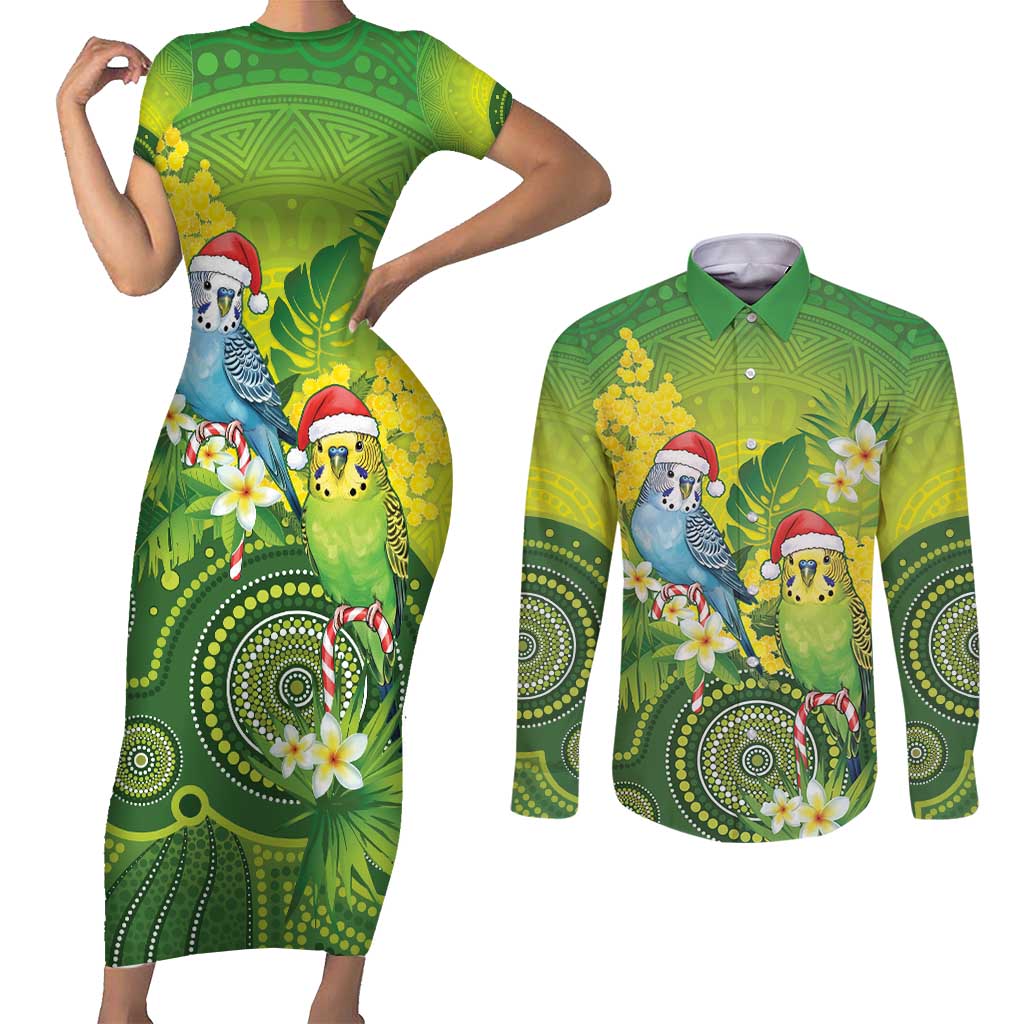 Budgerigar Australia Christmas Couples Matching Short Sleeve Bodycon Dress and Long Sleeve Button Shirt Budgies Golden Wattle Aboriginal Green - Aussie Hoodie