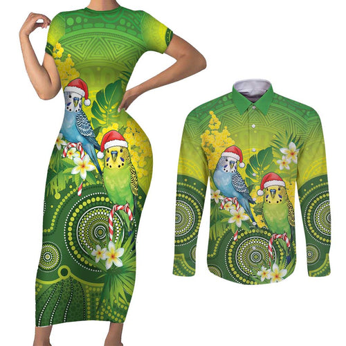 Budgerigar Australia Christmas Couples Matching Short Sleeve Bodycon Dress and Long Sleeve Button Shirt Budgies Golden Wattle Aboriginal Green - Aussie Hoodie