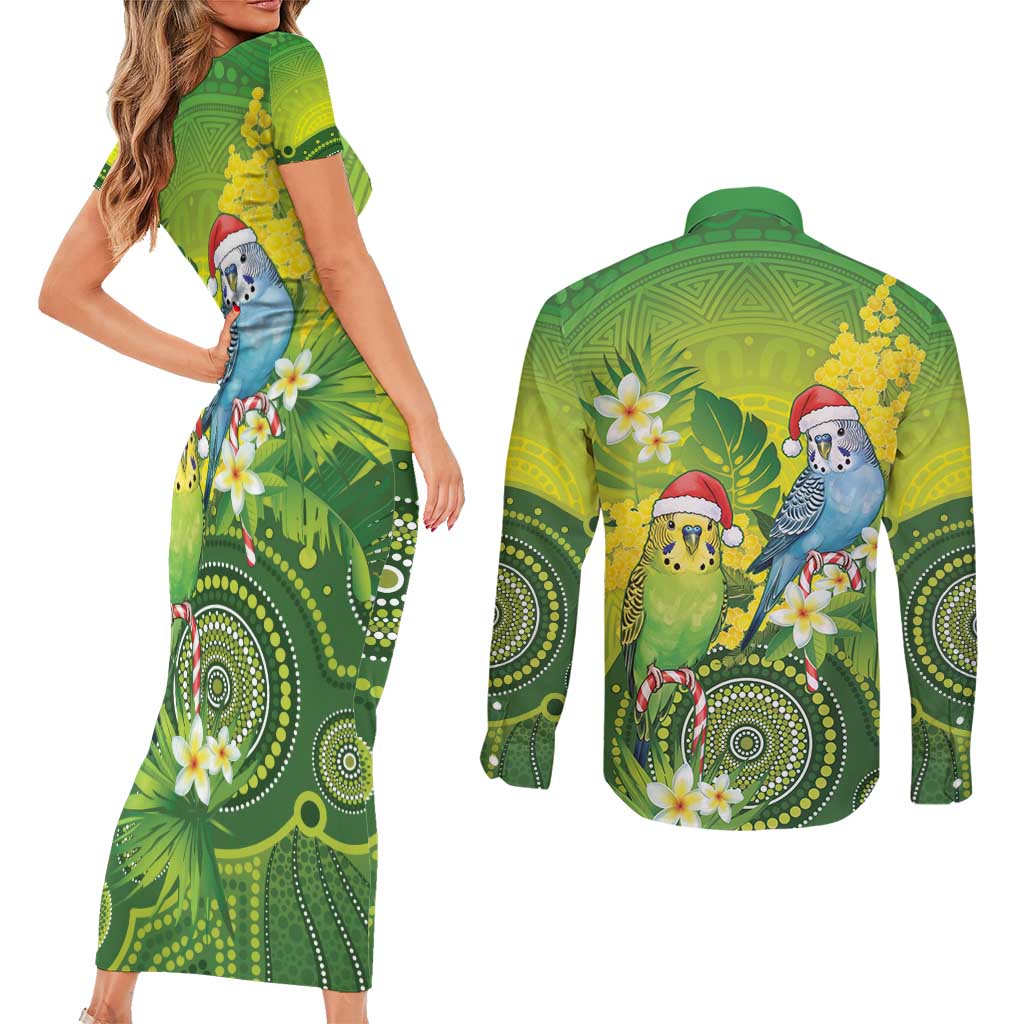 Budgerigar Australia Christmas Couples Matching Short Sleeve Bodycon Dress and Long Sleeve Button Shirt Budgies Golden Wattle Aboriginal Green - Aussie Hoodie