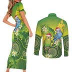 Budgerigar Australia Christmas Couples Matching Short Sleeve Bodycon Dress and Long Sleeve Button Shirt Budgies Golden Wattle Aboriginal Green - Aussie Hoodie