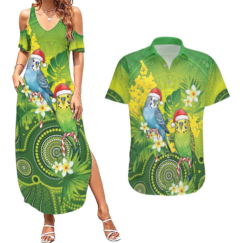 Budgerigar Australia Christmas Couples Matching Summer Maxi Dress and Hawaiian Shirt Budgies Golden Wattle Aboriginal Green - Aussie Hoodie