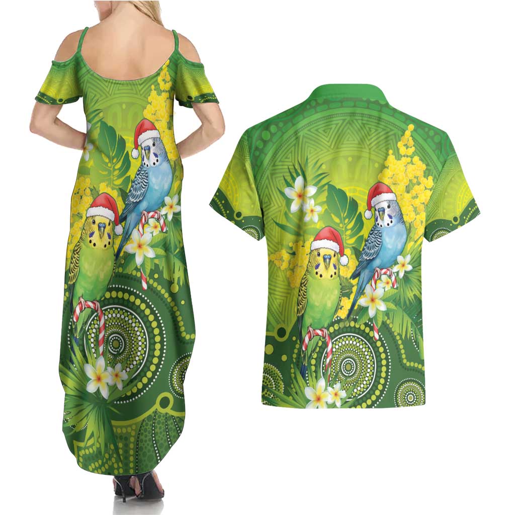 Budgerigar Australia Christmas Couples Matching Summer Maxi Dress and Hawaiian Shirt Budgies Golden Wattle Aboriginal Green - Aussie Hoodie