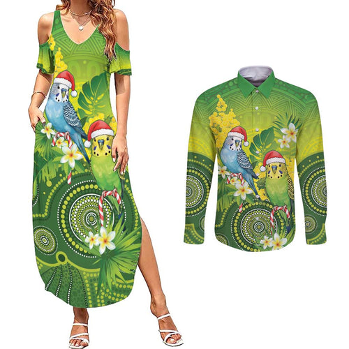 Budgerigar Australia Christmas Couples Matching Summer Maxi Dress and Long Sleeve Button Shirt Budgies Golden Wattle Aboriginal Green - Aussie Hoodie