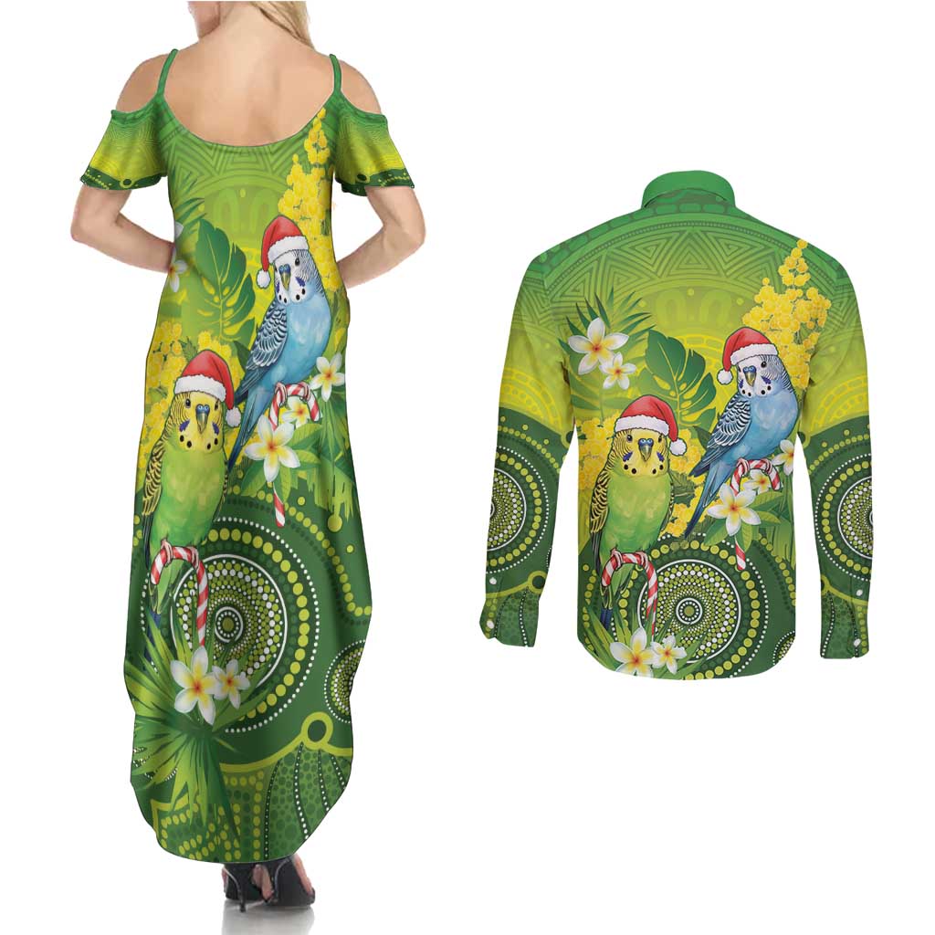 Budgerigar Australia Christmas Couples Matching Summer Maxi Dress and Long Sleeve Button Shirt Budgies Golden Wattle Aboriginal Green - Aussie Hoodie