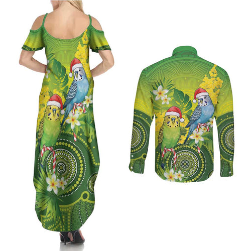 Budgerigar Australia Christmas Couples Matching Summer Maxi Dress and Long Sleeve Button Shirt Budgies Golden Wattle Aboriginal Green - Aussie Hoodie
