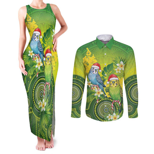 Budgerigar Australia Christmas Couples Matching Tank Maxi Dress and Long Sleeve Button Shirt Budgies Golden Wattle Aboriginal Green - Aussie Hoodie