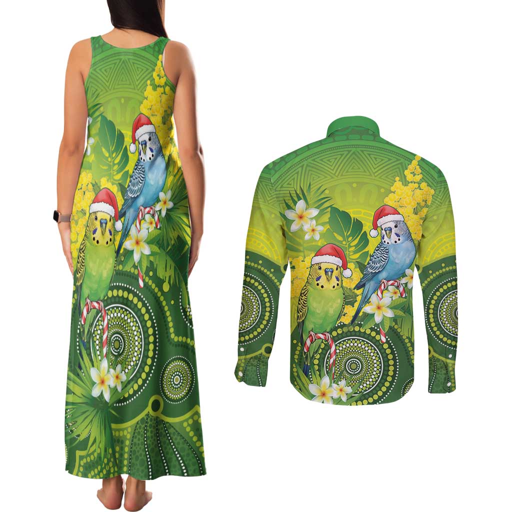 Budgerigar Australia Christmas Couples Matching Tank Maxi Dress and Long Sleeve Button Shirt Budgies Golden Wattle Aboriginal Green - Aussie Hoodie