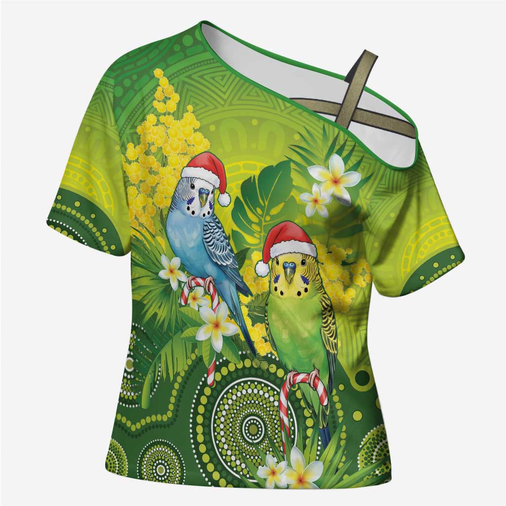 Budgerigar Australia Christmas Cross Shoulder Shirt Budgies Golden Wattle Aboriginal Green - Aussie Hoodie