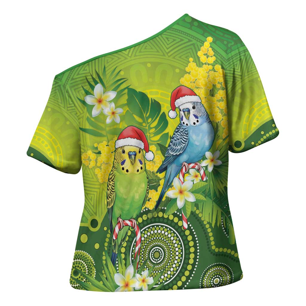 Budgerigar Australia Christmas Cross Shoulder Shirt Budgies Golden Wattle Aboriginal Green - Aussie Hoodie