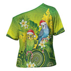 Budgerigar Australia Christmas Cross Shoulder Shirt Budgies Golden Wattle Aboriginal Green - Aussie Hoodie