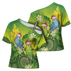 Budgerigar Australia Christmas Cross Shoulder Shirt Budgies Golden Wattle Aboriginal Green - Aussie Hoodie