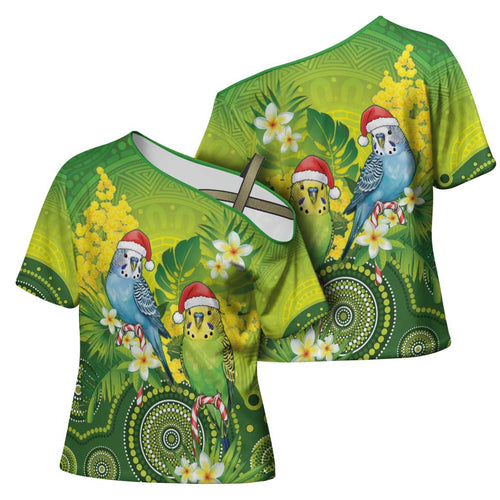 Budgerigar Australia Christmas Cross Shoulder Shirt Budgies Golden Wattle Aboriginal Green - Aussie Hoodie