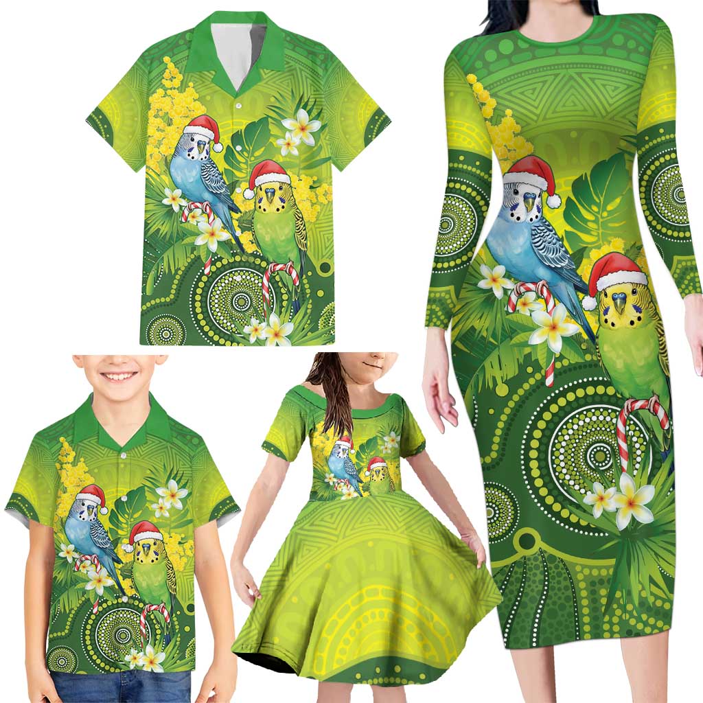 Budgerigar Australia Christmas Family Matching Long Sleeve Bodycon Dress and Hawaiian Shirt Budgies Golden Wattle Aboriginal Green - Aussie Hoodie