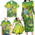 Budgerigar Australia Christmas Family Matching Long Sleeve Bodycon Dress and Hawaiian Shirt Budgies Golden Wattle Aboriginal Green - Aussie Hoodie