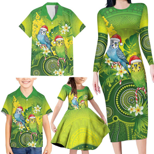 Budgerigar Australia Christmas Family Matching Long Sleeve Bodycon Dress and Hawaiian Shirt Budgies Golden Wattle Aboriginal Green - Aussie Hoodie