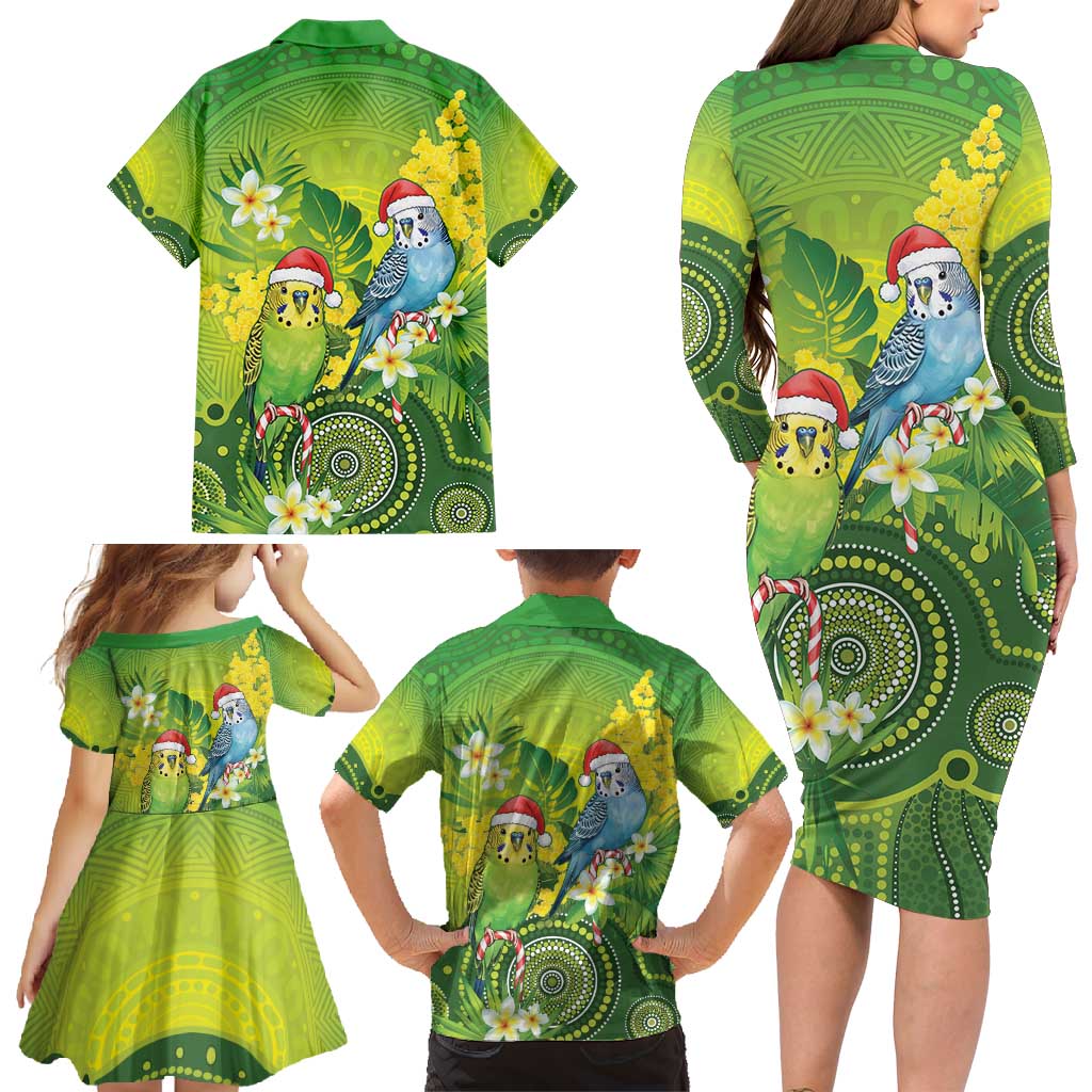 Budgerigar Australia Christmas Family Matching Long Sleeve Bodycon Dress and Hawaiian Shirt Budgies Golden Wattle Aboriginal Green - Aussie Hoodie