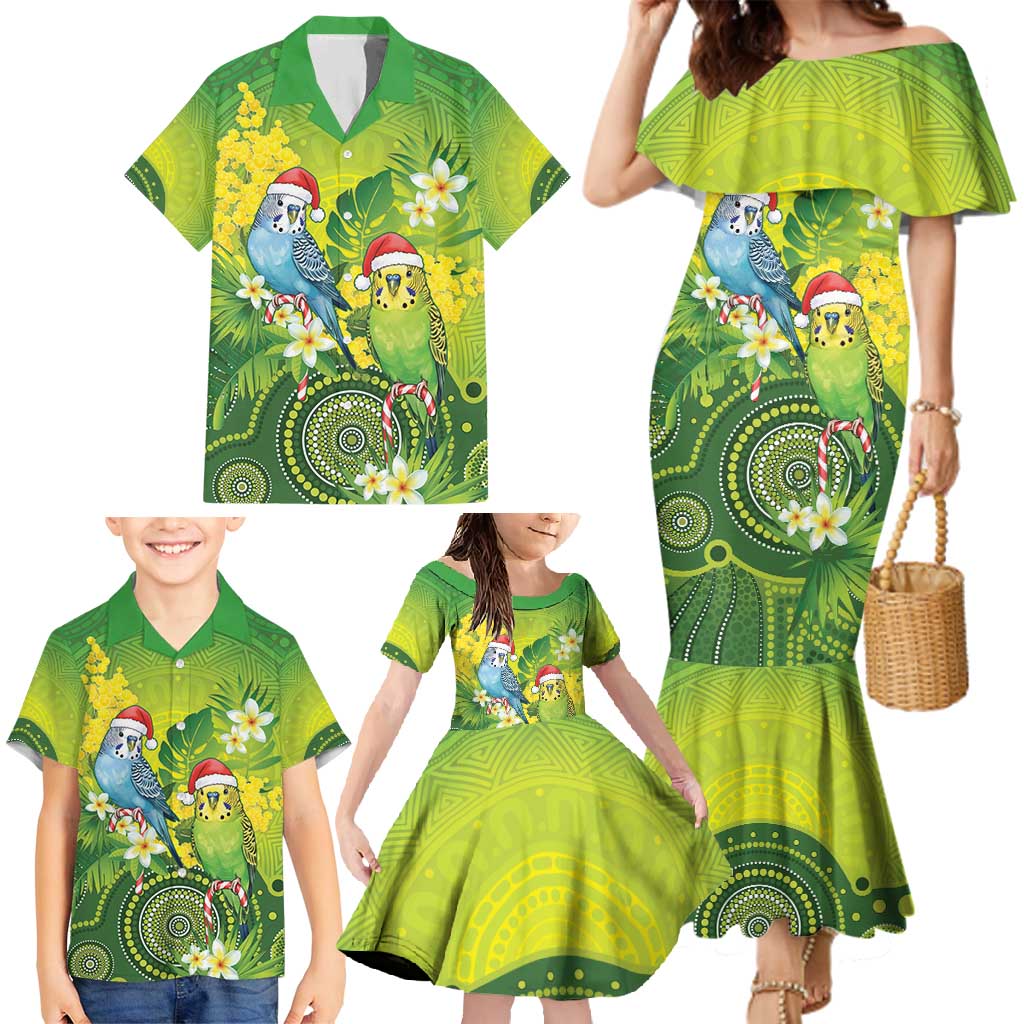 Budgerigar Australia Christmas Family Matching Mermaid Dress and Hawaiian Shirt Budgies Golden Wattle Aboriginal Green - Aussie Hoodie