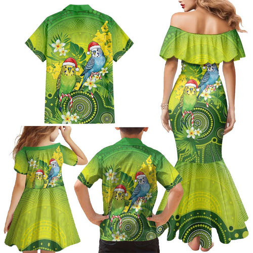 Budgerigar Australia Christmas Family Matching Mermaid Dress and Hawaiian Shirt Budgies Golden Wattle Aboriginal Green - Aussie Hoodie