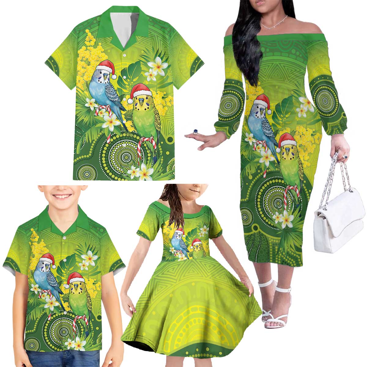 Budgerigar Australia Christmas Family Matching Off The Shoulder Long Sleeve Dress and Hawaiian Shirt Budgies Golden Wattle Aboriginal Green - Aussie Hoodie