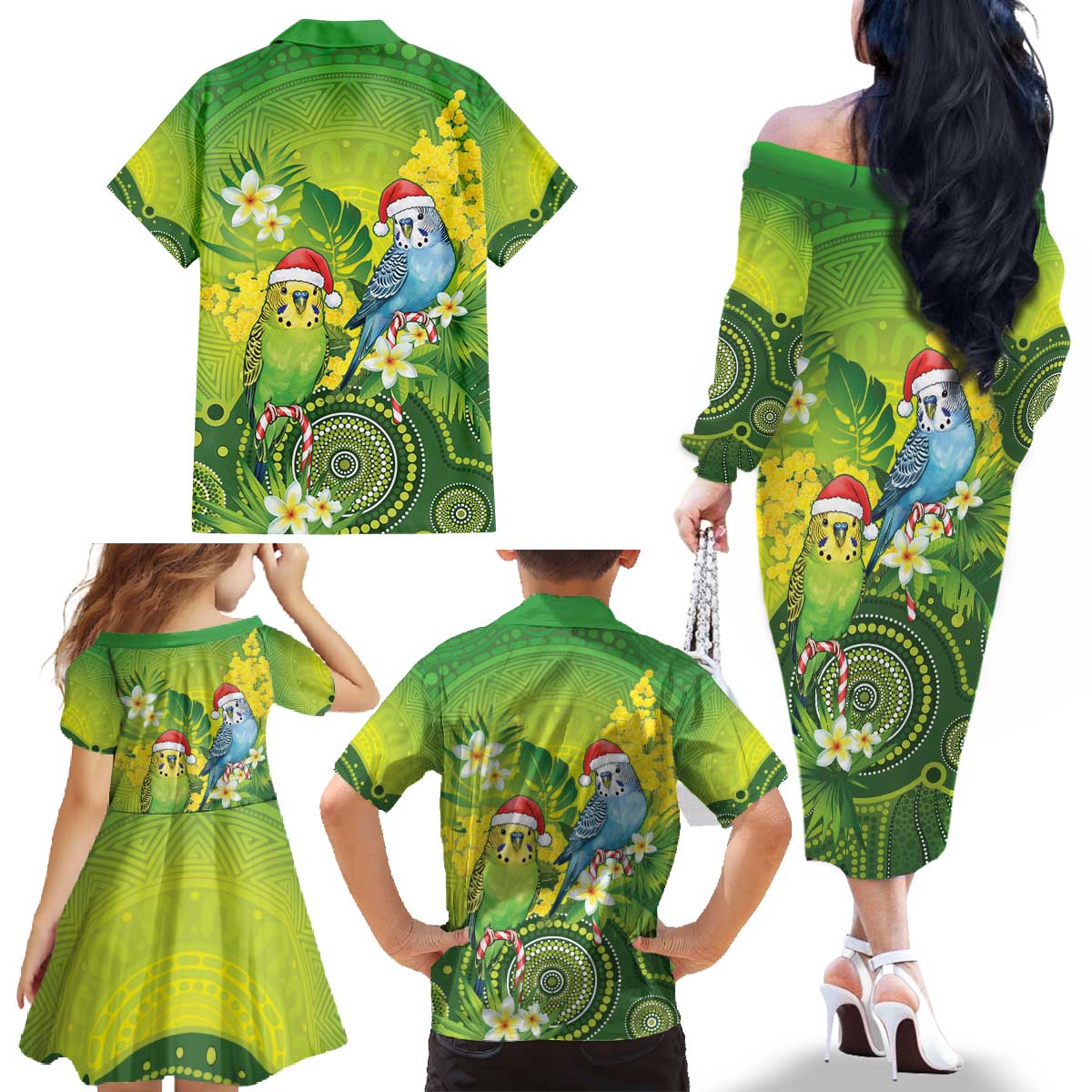 Budgerigar Australia Christmas Family Matching Off The Shoulder Long Sleeve Dress and Hawaiian Shirt Budgies Golden Wattle Aboriginal Green - Aussie Hoodie