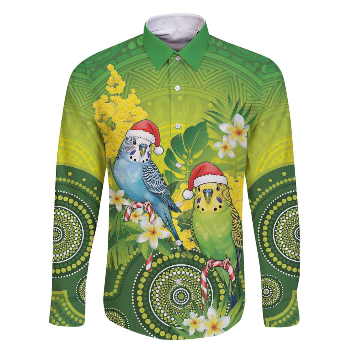 Budgerigar Australia Christmas Family Matching Off The Shoulder Long Sleeve Dress and Hawaiian Shirt Budgies Golden Wattle Aboriginal Green - Aussie Hoodie