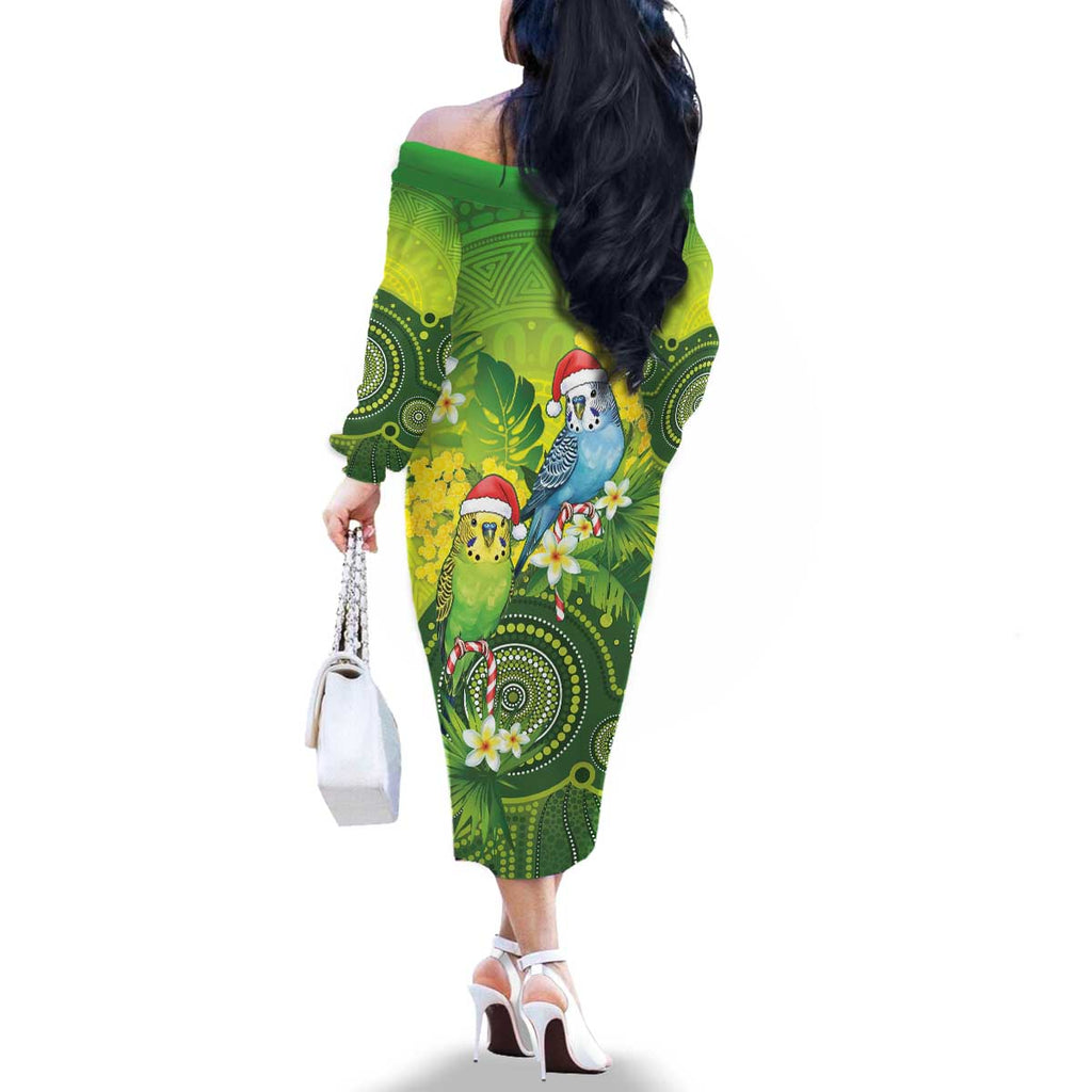 Budgerigar Australia Christmas Family Matching Off The Shoulder Long Sleeve Dress and Hawaiian Shirt Budgies Golden Wattle Aboriginal Green - Aussie Hoodie