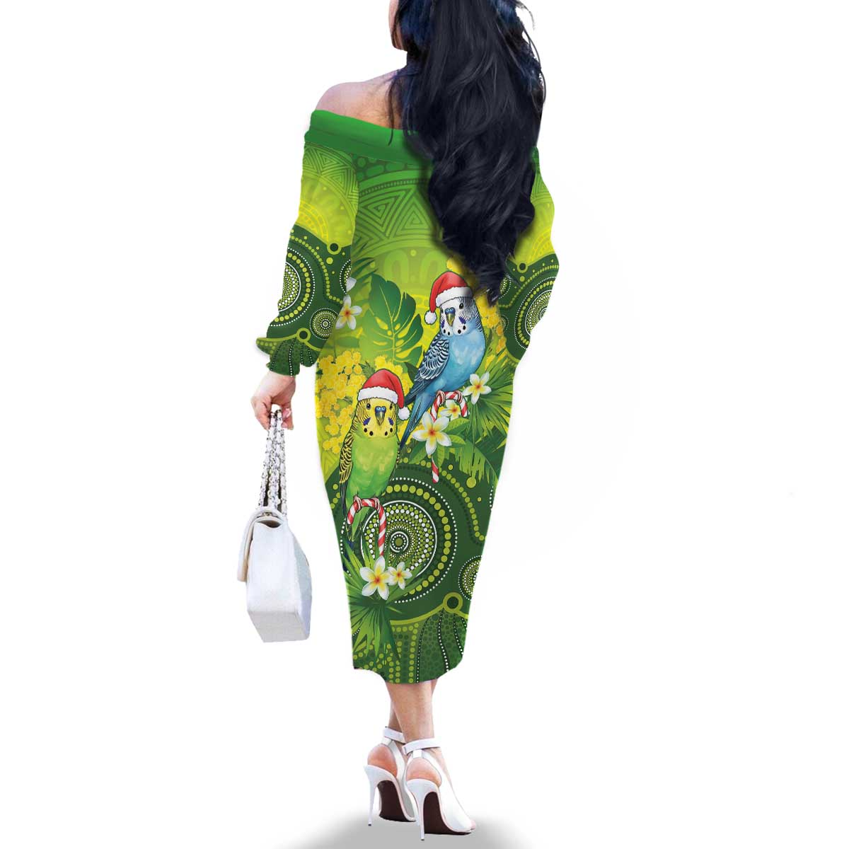 Budgerigar Australia Christmas Family Matching Off The Shoulder Long Sleeve Dress and Hawaiian Shirt Budgies Golden Wattle Aboriginal Green - Aussie Hoodie