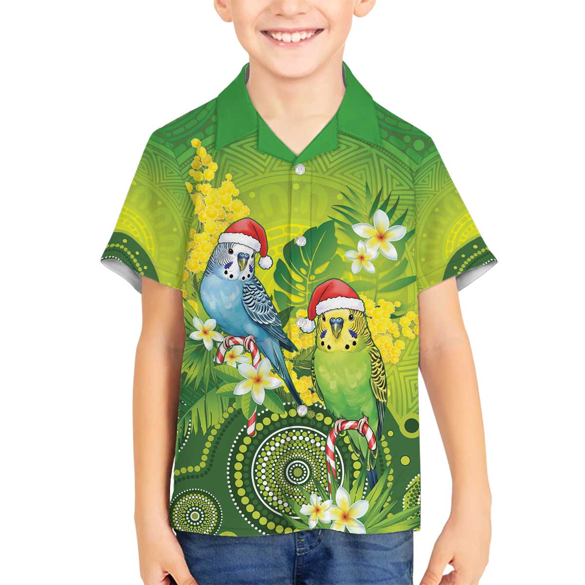 Budgerigar Australia Christmas Family Matching Off The Shoulder Long Sleeve Dress and Hawaiian Shirt Budgies Golden Wattle Aboriginal Green - Aussie Hoodie